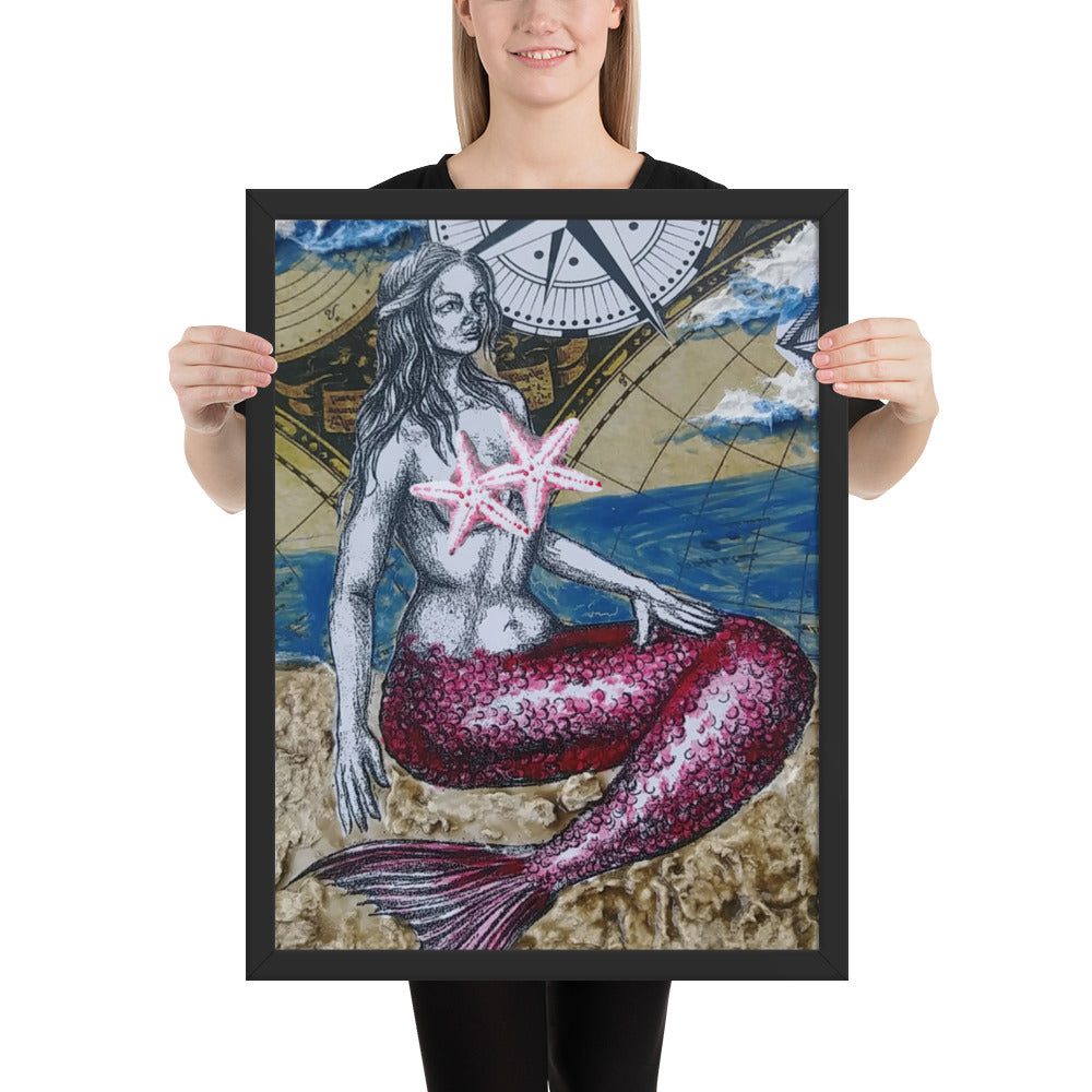 Mermaid & Compass | Framed Poster | Handmade Artwork