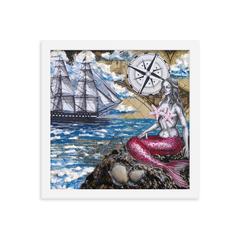 Mermaid & Brig | Framed Poster | Handmade Artwork