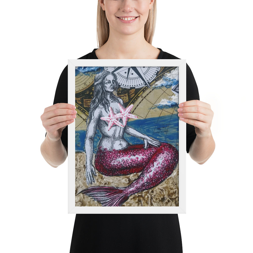 Mermaid & Compass | Framed Poster | Handmade Artwork
