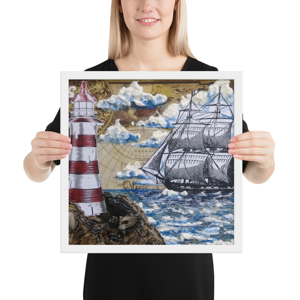 Lighthouse & Brig | Framed Poster | Handmade Artwork