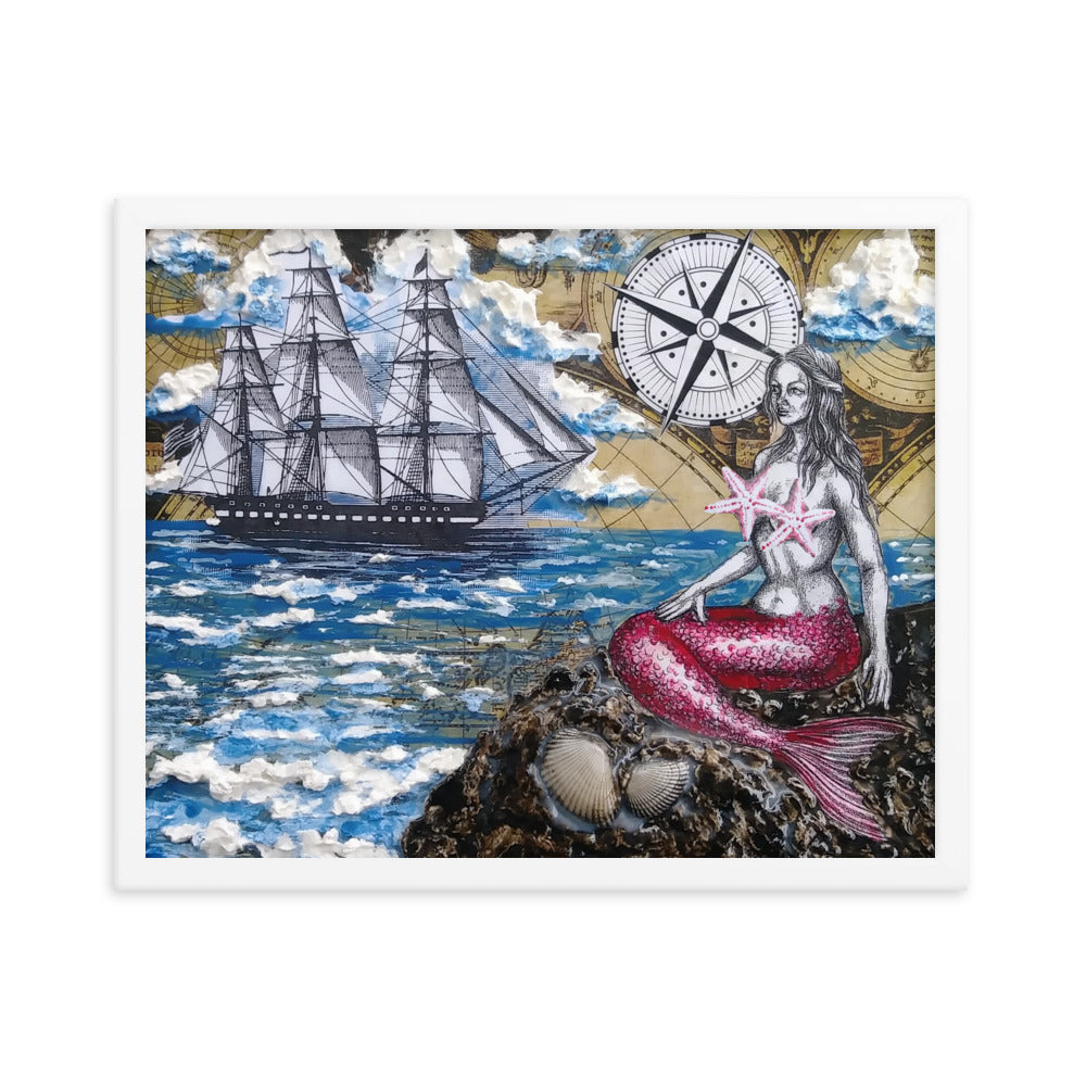 Mermaid & Brig | Framed Poster | Handmade Artwork