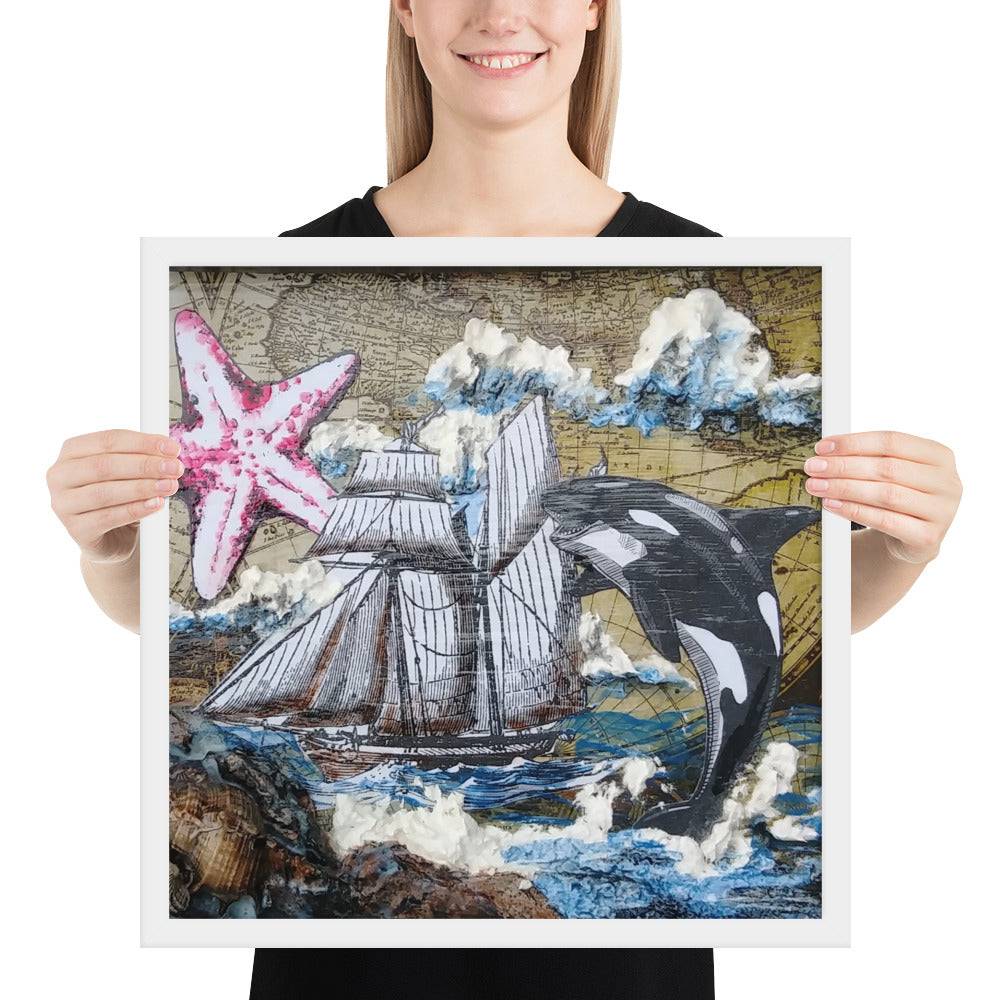 Orca & Schooner | Framed Poster | Handmade Artwork