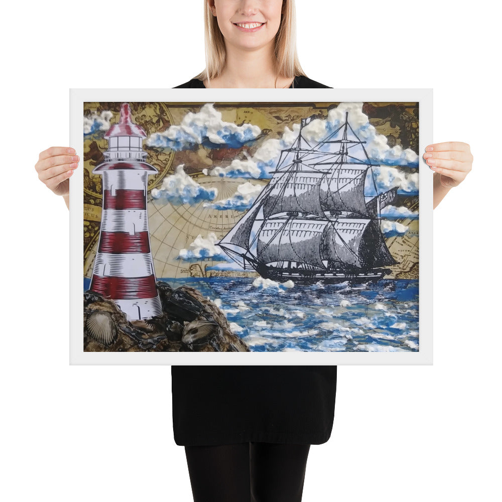 Lighthouse & Brig | Framed Poster | Handmade Artwork