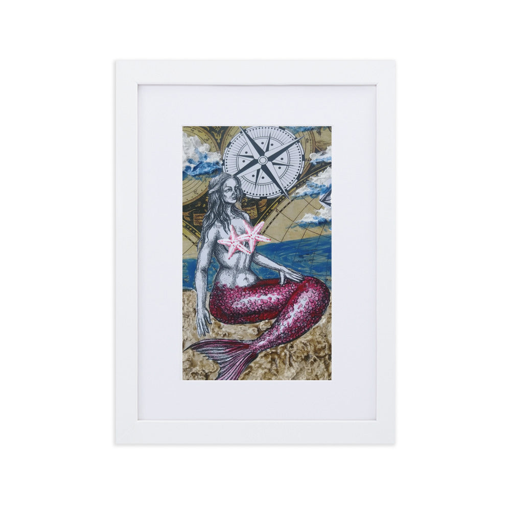 Mermaid & Compass | Matte Framed Poster | Handmade Artwork