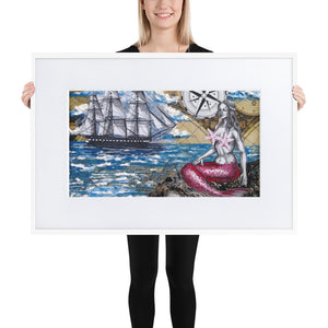 Mermaid & Brig | Matte Framed Poster | Handmade Artwork