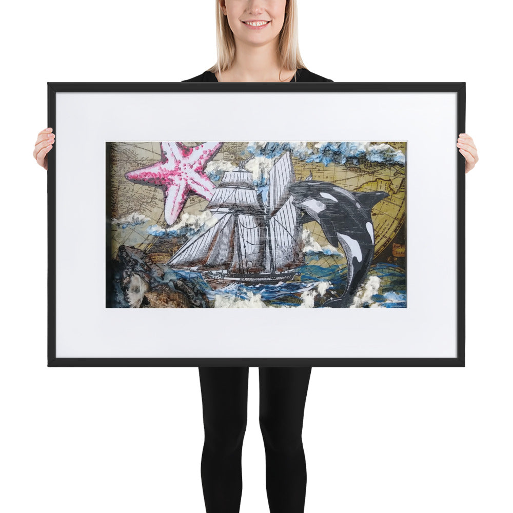 Orca & Schooner | Matte Framed Poster | Handmade Artwork