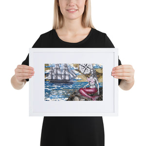Mermaid & Brig | Matte Framed Poster | Handmade Artwork