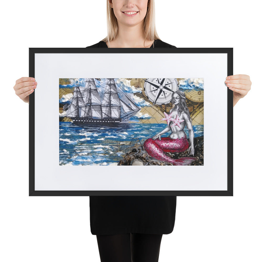 Mermaid & Brig | Matte Framed Poster | Handmade Artwork