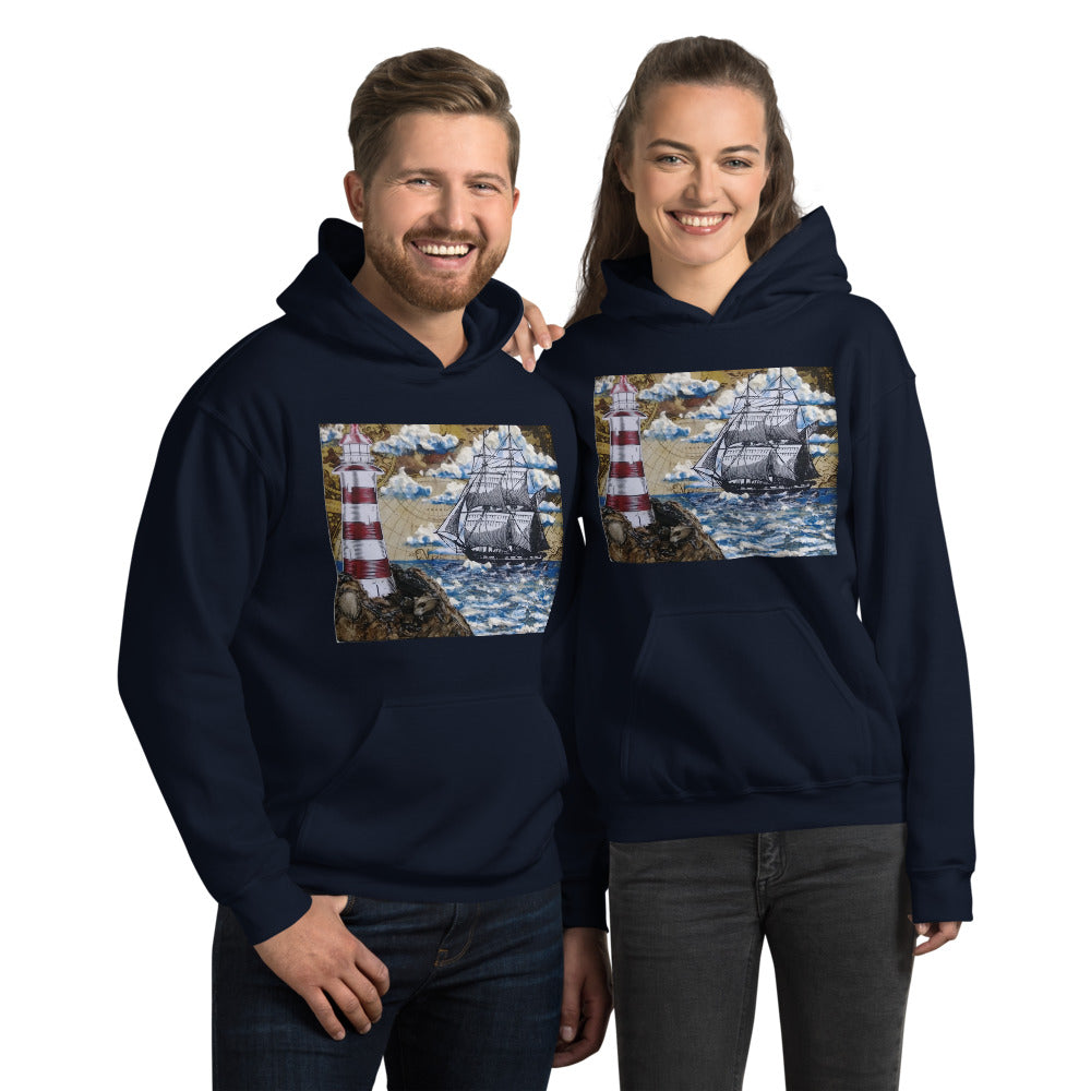 Lighthouse & Brig | Unisex Hoodie | Handmade Artwork