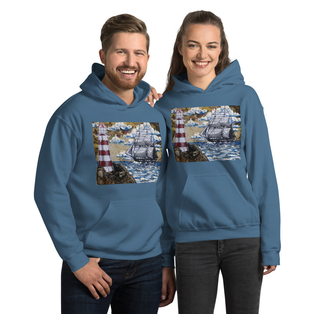 Lighthouse & Brig | Unisex Hoodie | Handmade Artwork