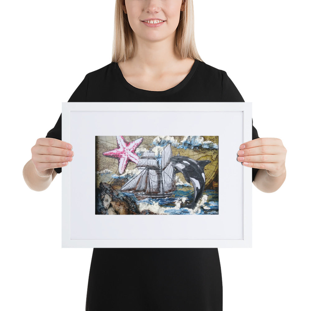Orca & Schooner | Matte Framed Poster | Handmade Artwork