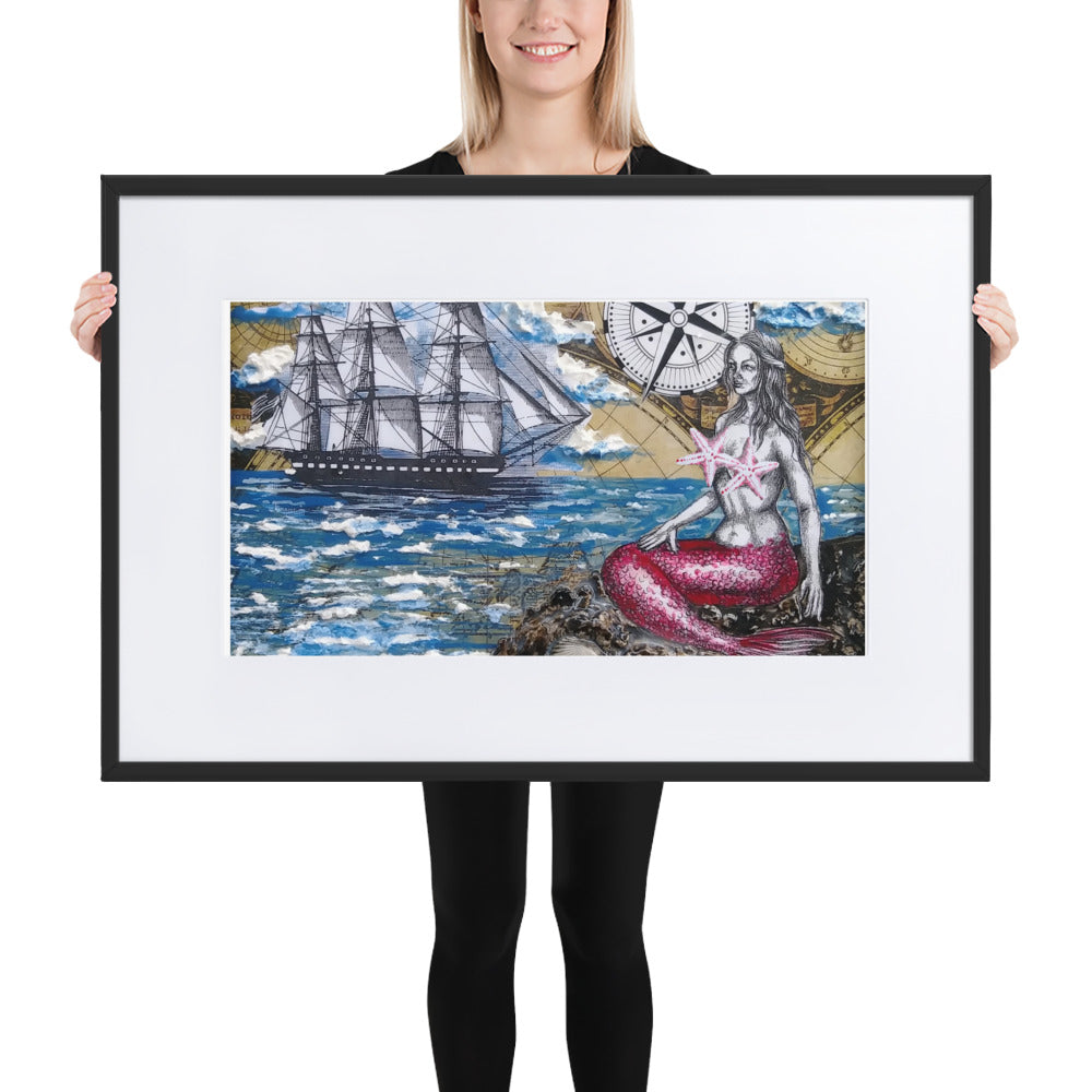 Mermaid & Brig | Matte Framed Poster | Handmade Artwork