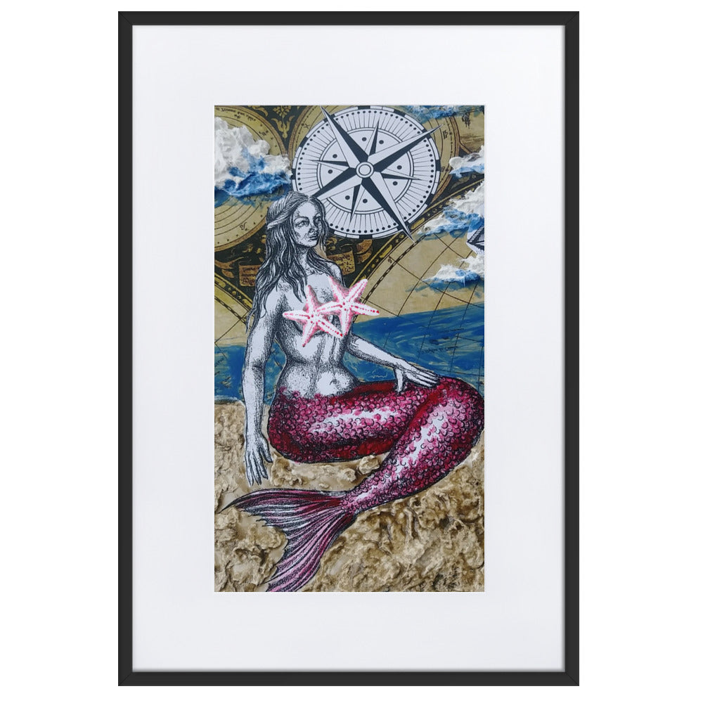 Mermaid & Compass | Matte Framed Poster | Handmade Artwork