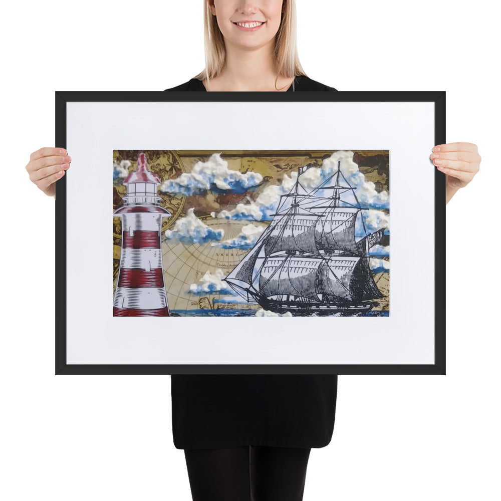 Lighthouse & Brig | Matte Framed Poster | Handmade Artwork
